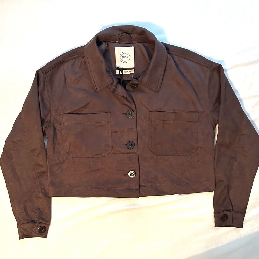 Stoosh Cropped Faux Suede Soft Jacket Brown Women’s S NWT Collared Pockets